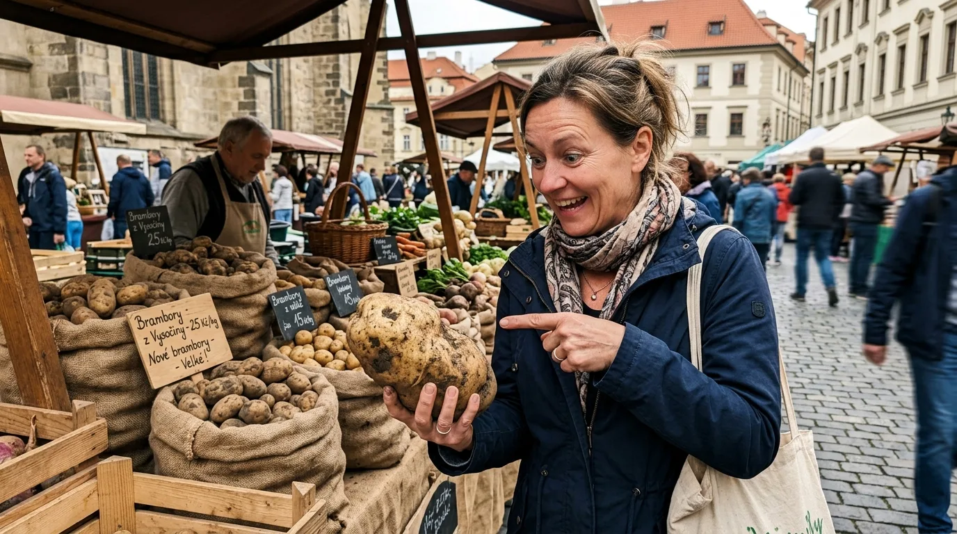 Pytel čerstvých českých brambor od lokálního farmáře na trhu v Praze