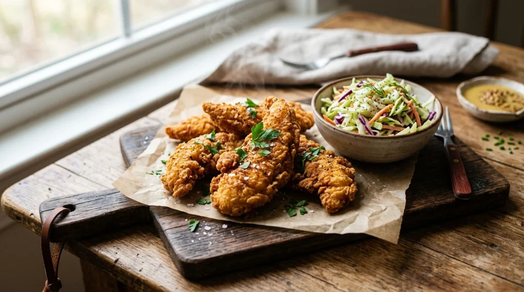 KFC bez lepku – smažené kuřecí kousky a salát coleslaw na dřevěném prkénku