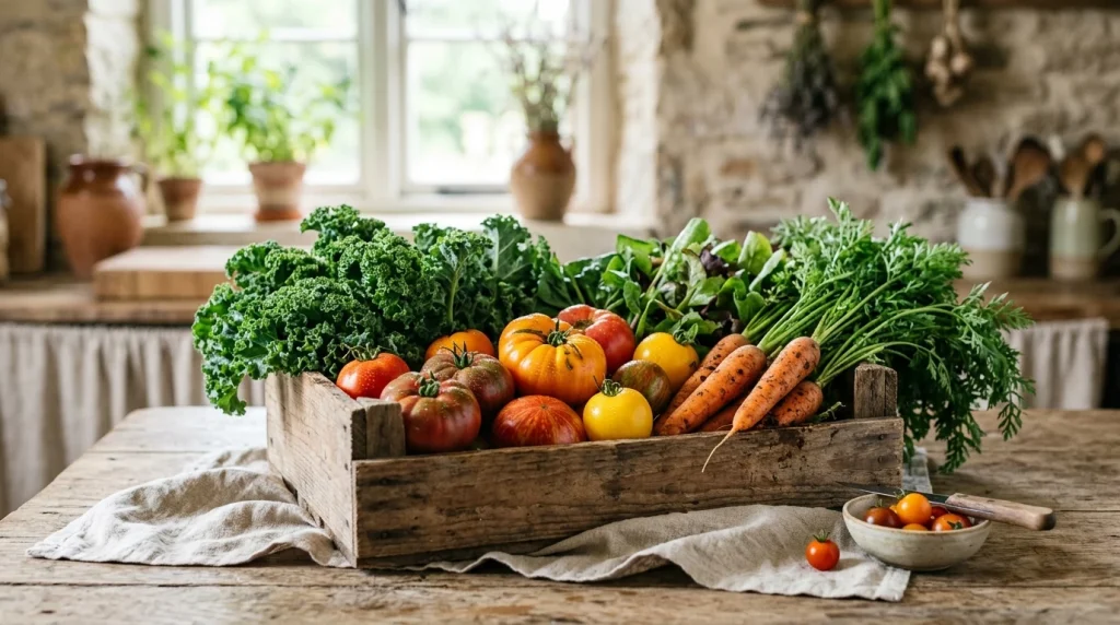 Bio potraviny – debnička čerstvej ekologicky pestovanej zeleniny a byliniek na farmárskom stole