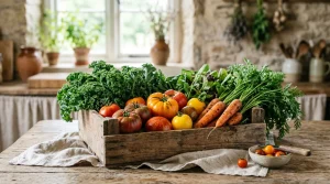 Bio potraviny – debnička čerstvej ekologicky pestovanej zeleniny a byliniek na farmárskom stole
